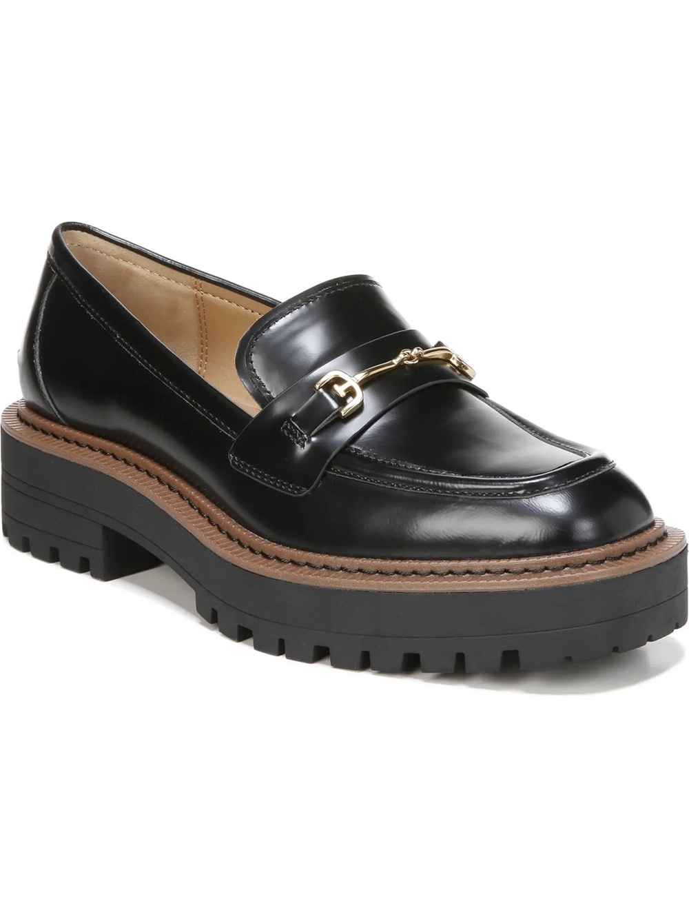 Sam Edelman Black Leather Lug-Sole Loafer with Gold Bit